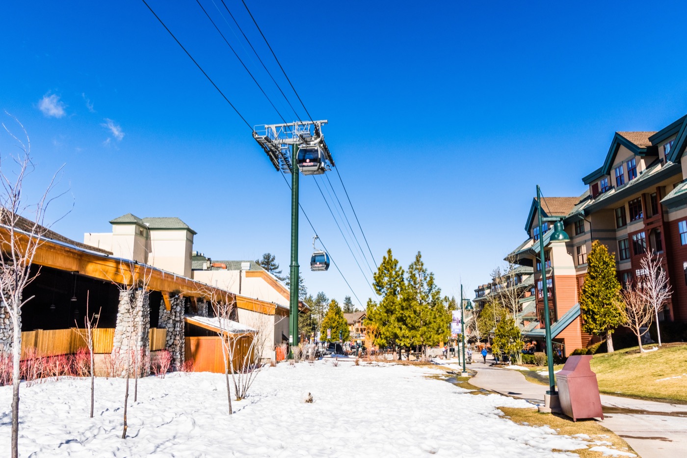 March 23, 2018 South Lake Tahoe / CA / USA - Heavenly ski resort Gondola travelling between the town's buildings